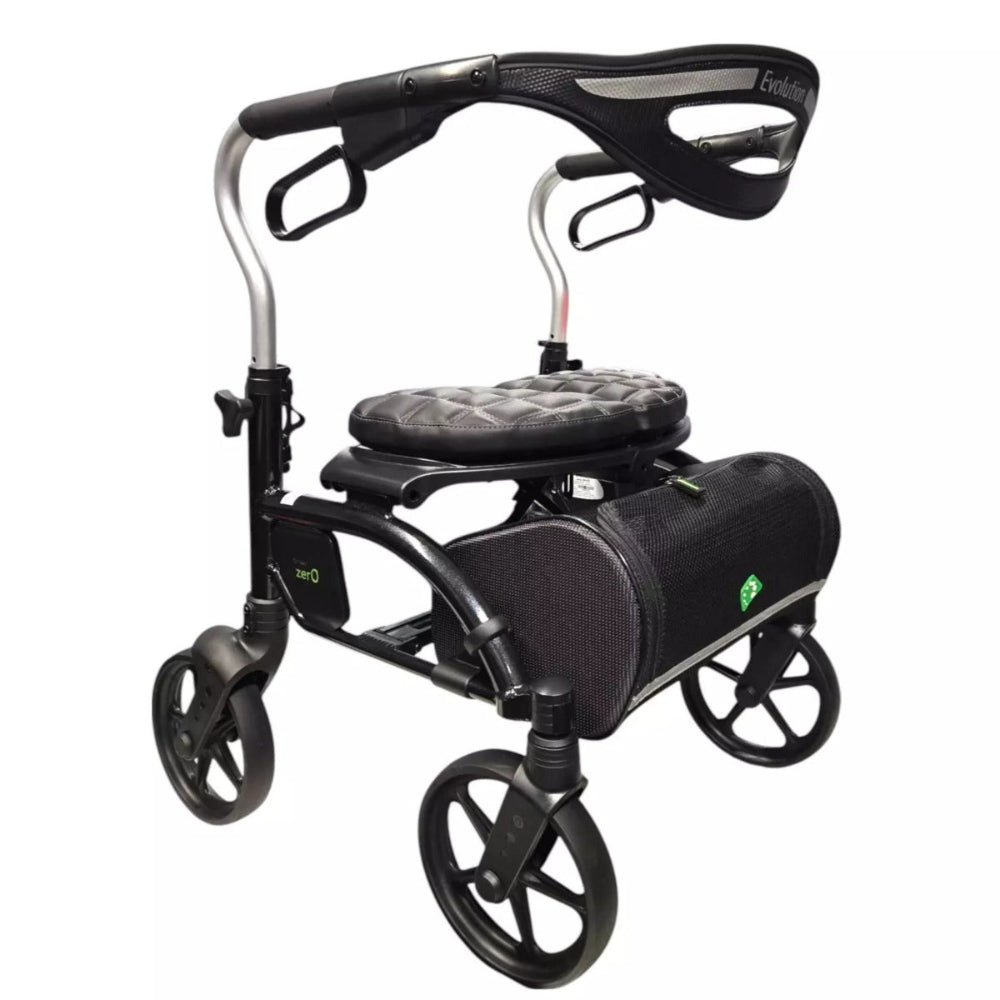 Black Evolution Xpresso Zero rollator featuring a comfortable cushioned seat and wide backrest.